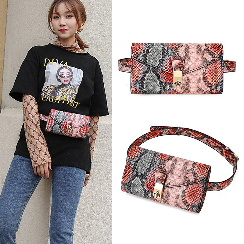Snake pattern belted small fanny pack Female tide ins net Red fashion belt Mobile phone small bag street wild chest bag
