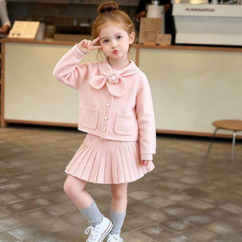 Little Girl's Stylish and Trendy Street-Style Outfit, Spring and Autumn 2026 New Model, Super Cute Children's Knit Cardigan and Pleated Skirt