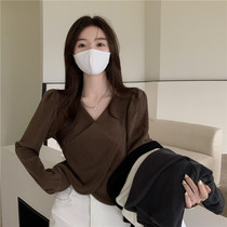 v collar lamp core suede long sleeve t-shirt female spring autumn loose with lean undershirt short and dont make inner lap blouse surge