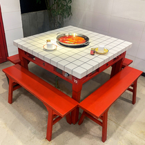 There is a large city marble hot pot table induction cooker integrated commercial hot pot restaurant barbecue table chair combination