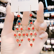 European and American exaggerated flash Diamond red earrings female Korean temperament Net Red cold wind long earrings atmospheric earrings tide