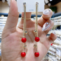 Korean super fairy temperament new year red pearl earrings simple fashion long tassel earrings atmospheric net red earrings