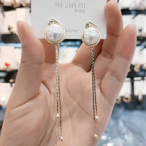 South Korea S925 silver needle temperament super fairy love pearl earrings female design sense wild long tassel slim earrings