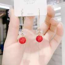 Advanced sense geometric tassel earrings long red full diamond ball ear string temperament personality Joker earring face thin
