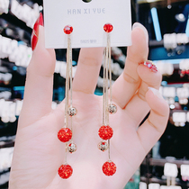 New red temperament simple earrings female long tassel Super flash drill ball earrings 925 silver pin face thin earrings