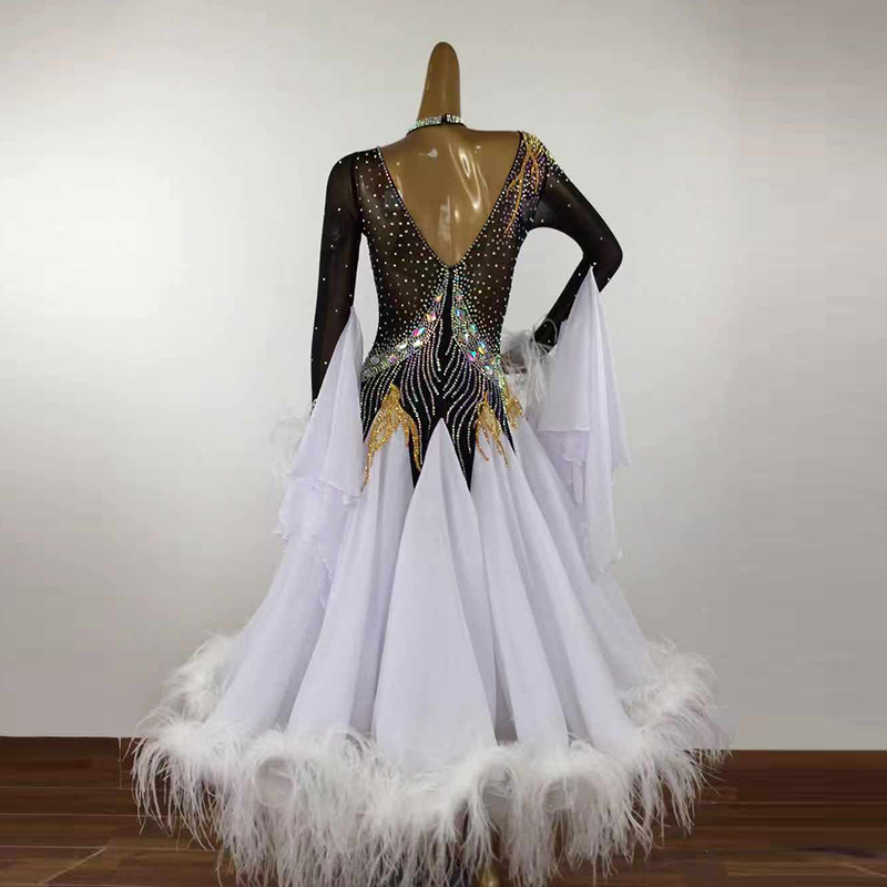 National standard dance competition skirt ostrich hair waltz performance costume ballroom dance large swing skirt square dance plus diamond skirt national standard dance
