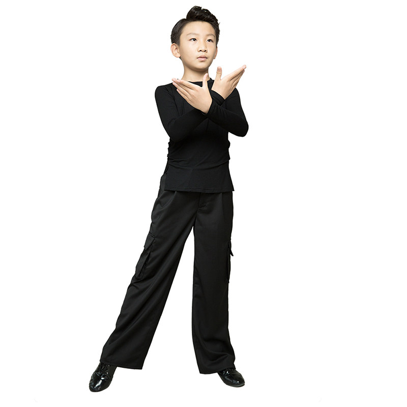Young boys Latin dance training clothing performance clothing practice clothing long sleeve T-shirt wooden cotton side split spring and autumn winter
