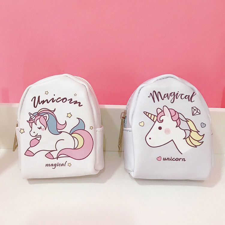 Siêu dễ thương mini hồng leopard unicorn in với keychain ví tiền xu đồ lặt vặt túi ví da nữ cao cấp