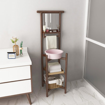 Old-fashioned pure solid wood face washing hand shelf with mirror landing household basin rack rural simple modern face Basin stand