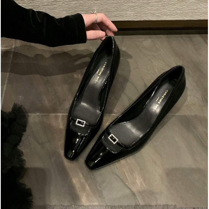 11 cm 9cm Internal Height-Increasing Women's Shoes, Pointed-Toe Patent Leather with Rhinestone Buckle, Stiletto Heels, Ol Commuting Shoes