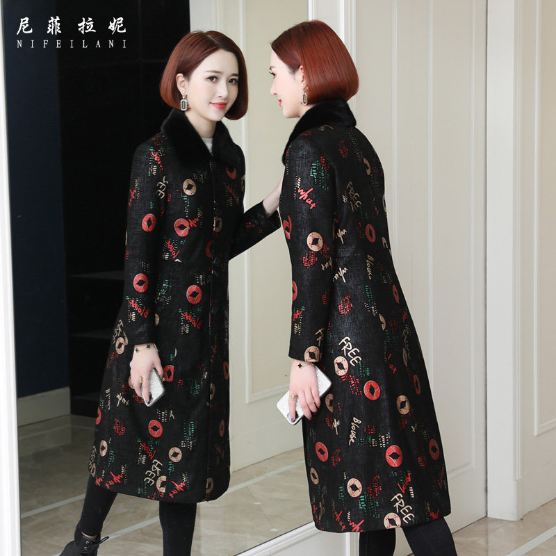 Clear Barn Handling Printed Leather Coat Jacket Woman Mid large size Sizes Middle-aged Mom Sheep Leather Duvet Clothing Genuine Leather Windsuit