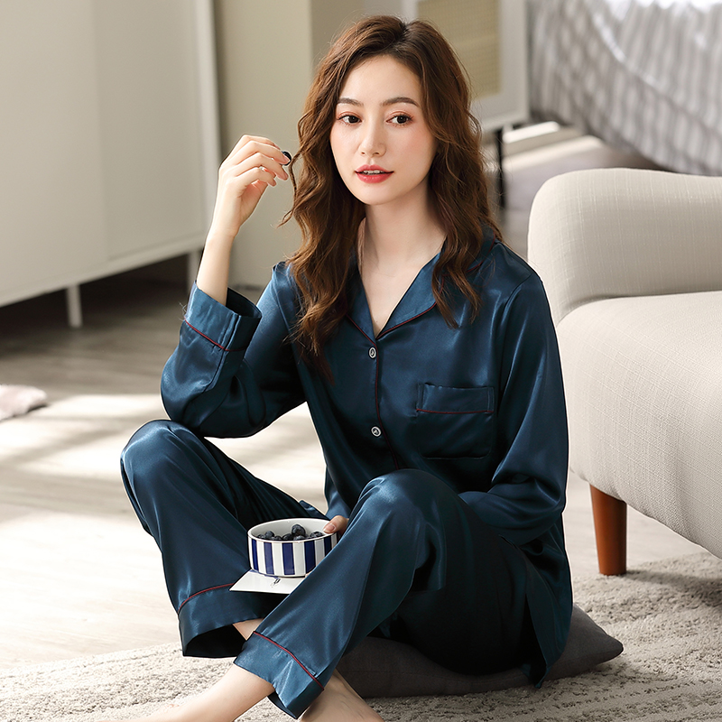 Pajamas women spring and autumn 2021 new ice silk long sleeve thin simple advanced home clothing Tibetan blue ladies suit