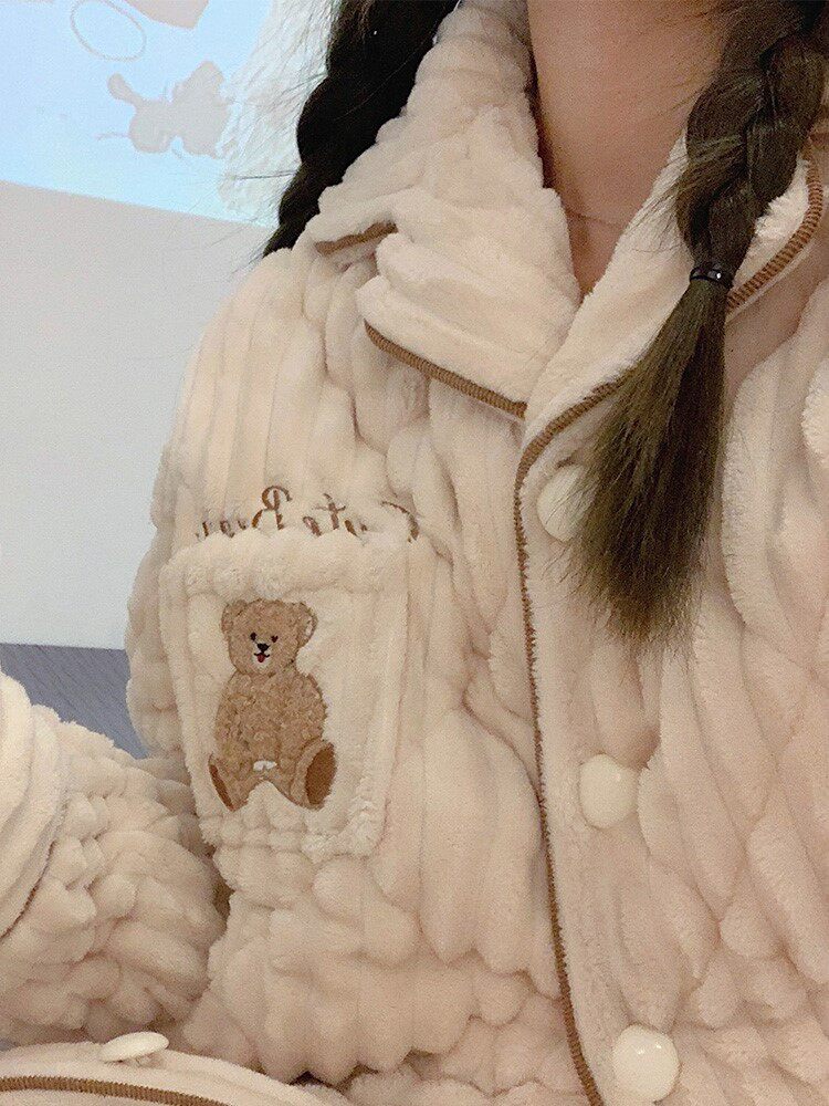 CaltoKrosa~coral jacket pajamas woman thickened plus suit flannel warm autumn and winter home suit