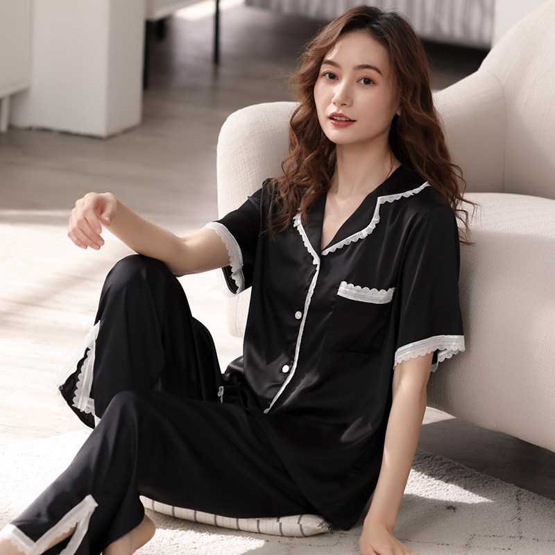 Pajamas Woman 2022 New Ice Silk Summer Short Sleeve Long Pants Slim ADVANCED SENSARY NET RED EXPLOSIVE LADY'S HOME CLOTHING