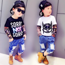 Childrens clothing Spring and Autumn childrens clothing Boys and girls Long-sleeved T-shirt top Base shirt Sweater stitching sleeve t-shirt Hip-hop top tide