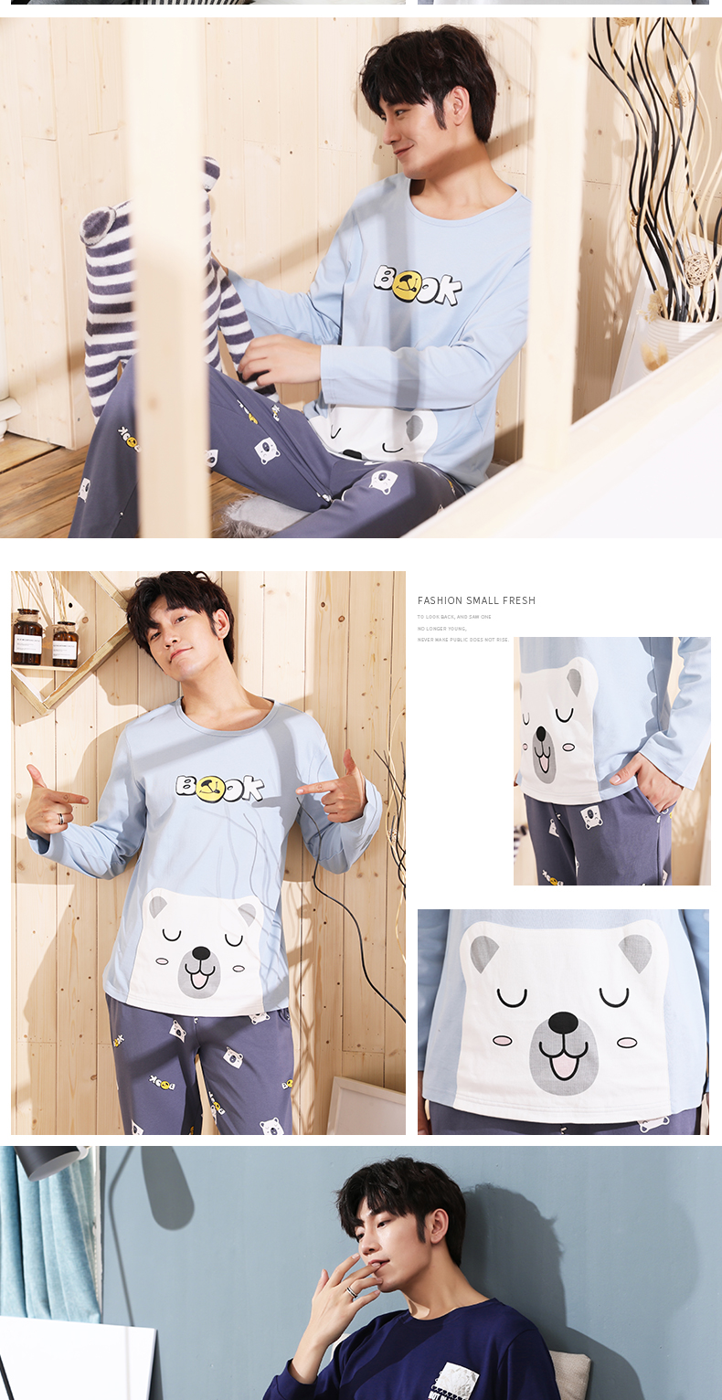 Bộ đồ ngủ nam mùa xuân và mùa thu cotton dài tay phục vụ giới trẻ cộng với phân bón XL có thể mặc bên ngoài bộ đồ cotton đồ bộ mặc nhà cao cấp hàn quốc