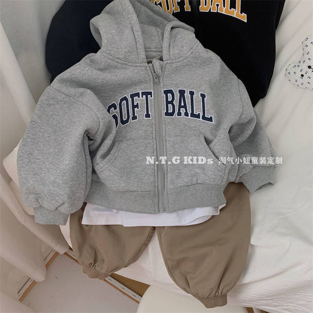 Boys sweater children's clothing sports style letter printing thickened loose baby cardigan jacket boys and girls hooded sweater