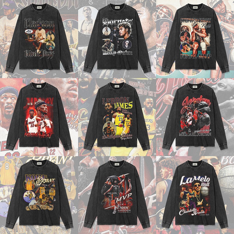 Clarkson Curry Kobe Irving James Morant American Star T-Shirt Retro Print Washed Long Sleeve