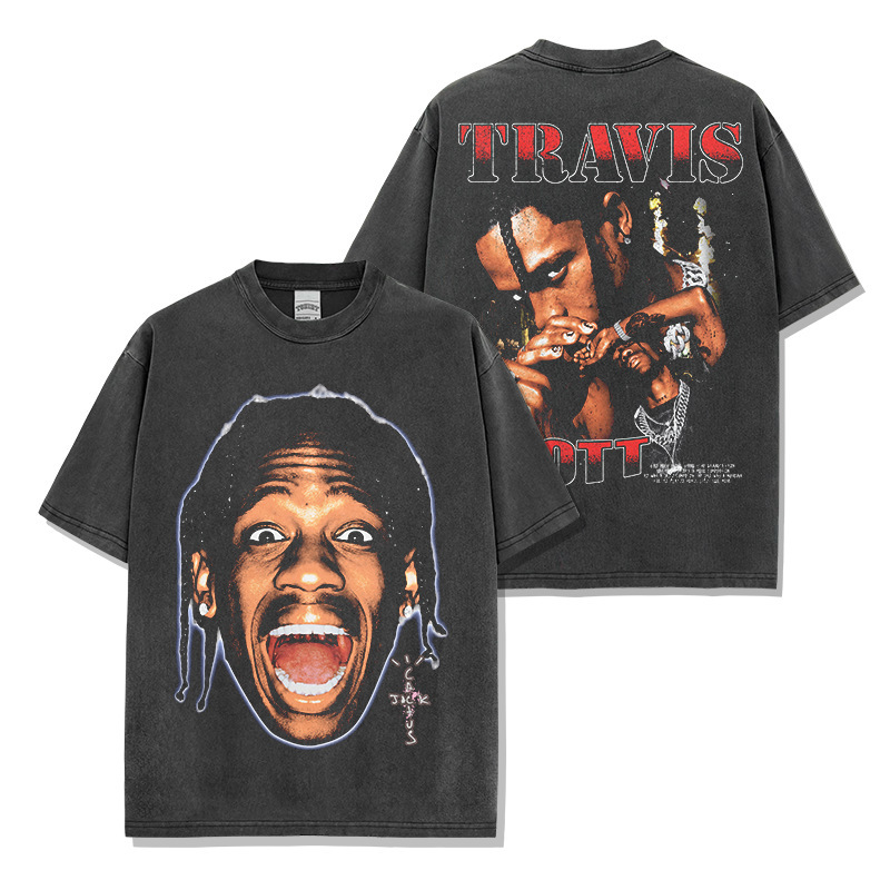 Travis Scott Hip-Hop Rap American Style T-Shirt Retro Washed Double-Sided Print Loose Short-Sleeve