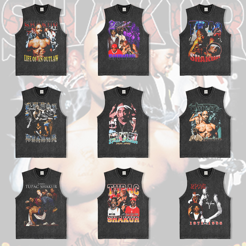 Tupac Hip-Hop American-Style Vest Street Fashion Brand Retro Washed Pure Cotton Sleeveless Vest