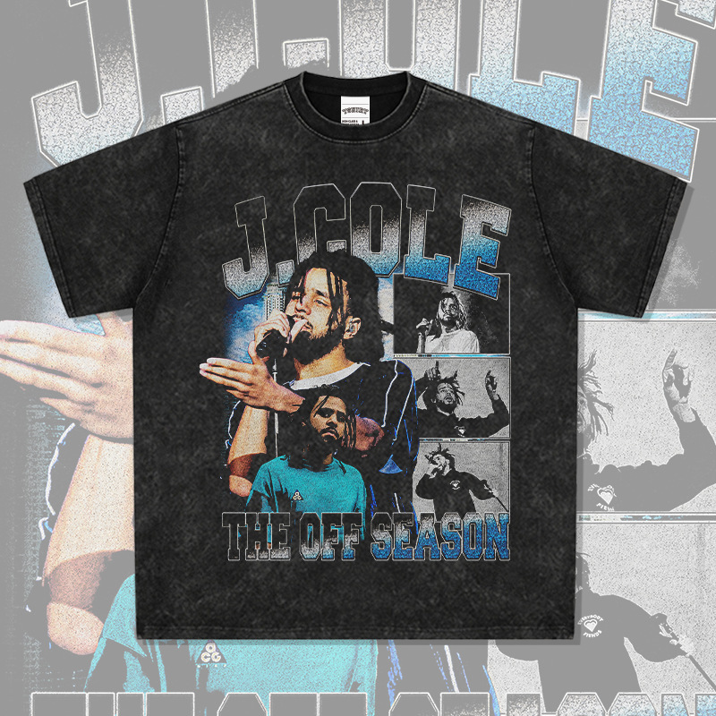 J·Cole Kol Hip-Hop Rap American Street Fashion Brand Retro Printed Distressed Washed Pure Cotton Loose Short Sleeves