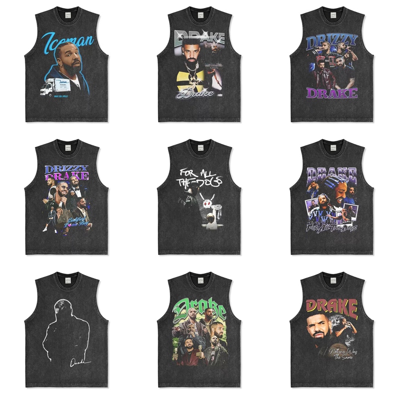 Drake Hip-Hop American Retro Print Washed Cotton Loose Sleeveless Vest