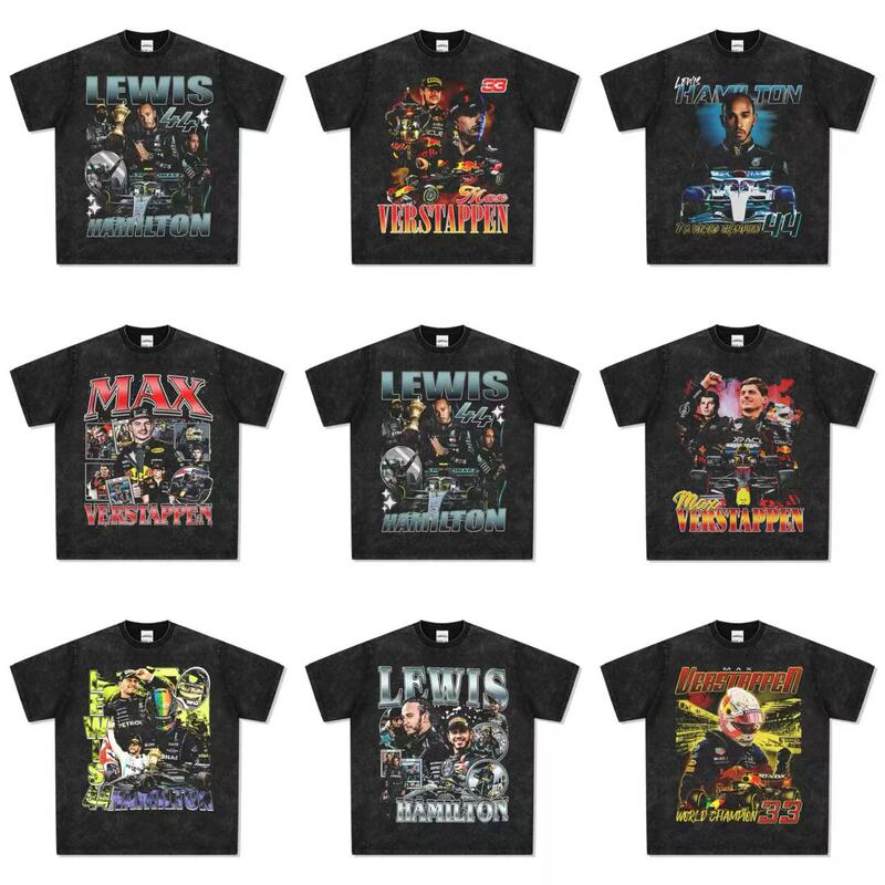 Lewis Hamilton Verstappen F1 Racer American-Style T-Shirt Retro Print Washed Loose Short-Sleeve Lewis Hamilton Verstappen F1 Racer American-Style T-Shirt Retro Print Washed Loose Short-Sleeve