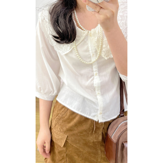 Japanese sweet hollow lace large lapel shirt