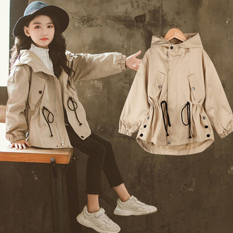 Girls ' windbreaker British wind 2021 new Foreign school children's clothing Korean version of the big child net red medium and long version of the coat top tide