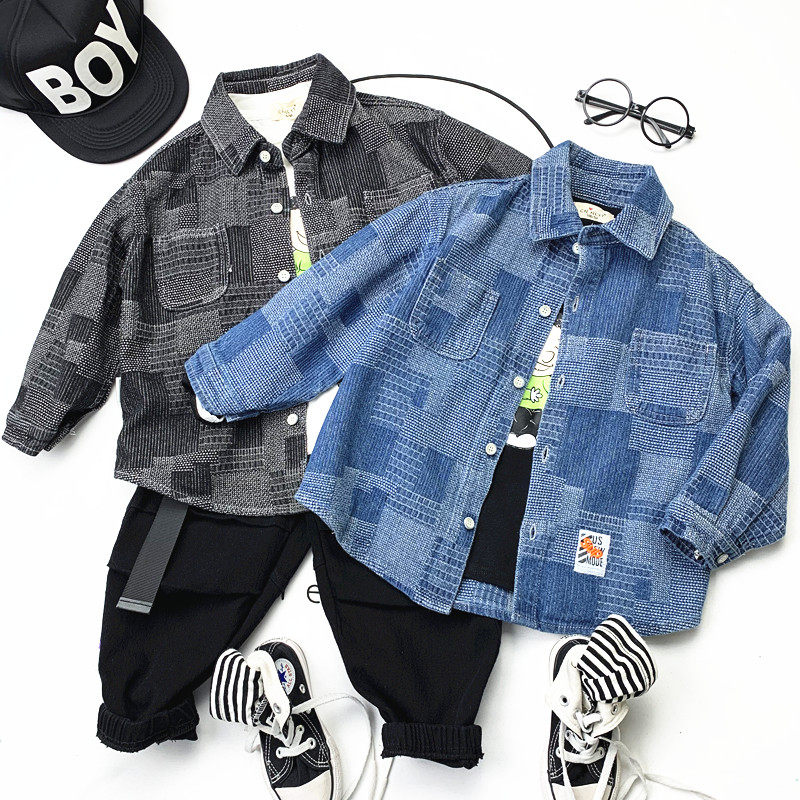 Handsome Air Collision Color Black Blue 2 Color Denim Jacket Shirt Boy Spring Autumn Thick Solid Turncoat Long Sleeve Shirt Loose Cardiovert