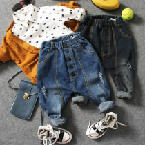 Child Jeans Spring Autumn New Pint Boy Big Crotch Big PP Elastic Long Pants Kid Breaking Hole Harun Long Pants