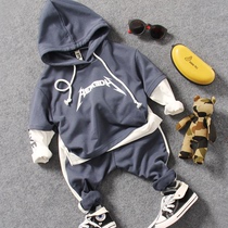 Children suit Spring Korean version of childrens clothing Boys Baby splicing Lianhood Large crotch Halen pants 2 pieces