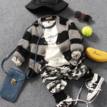 Children striped sweater jacket Spring-style boy 100 lap cotton thread thin section V collar cardiovert knitted blouse