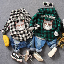 Childrens Black Green 2 Color Plaid Shirt Spring Autumn New Pine Mens Children Cotton Wool Alphabet Cat Embroidered Lining Clothes