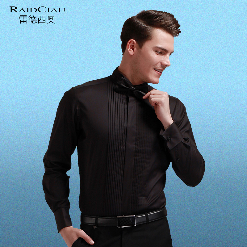 Black Dress Shirt for Men, Swallow Collar, Performance Host, Groom, Slim Fit, Wedding, French Bow Tie Shirt