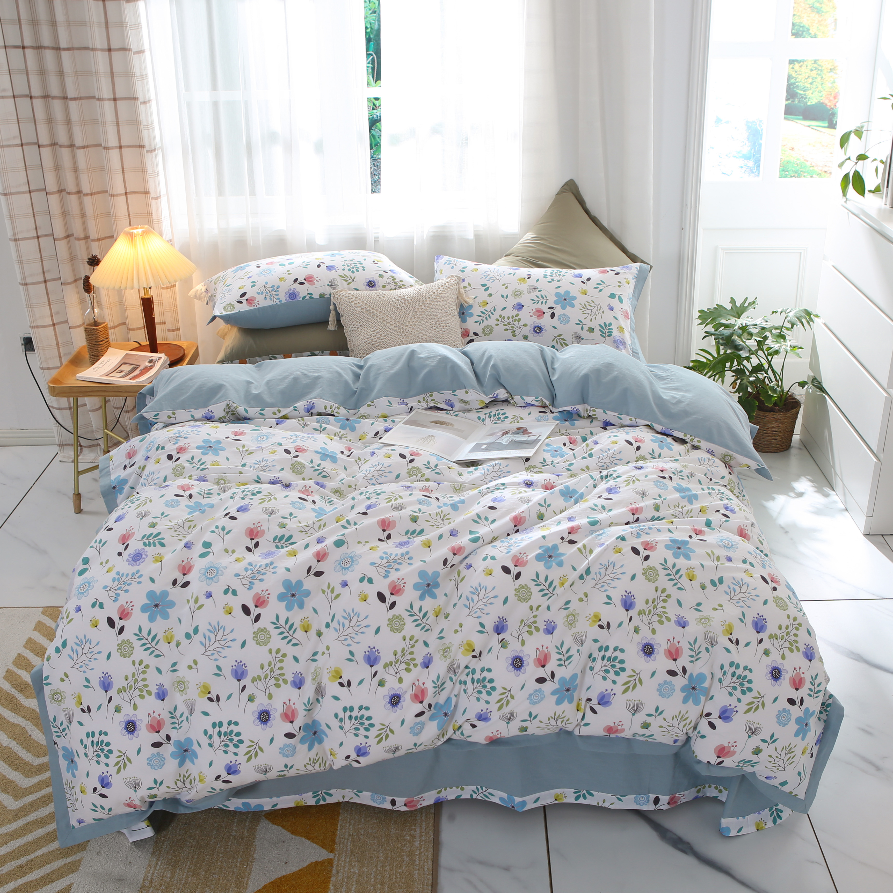 Full cotton four pieces of kit minimalist garden wind washed cotton 1 8m bed sheet pure cotton quilt cover bedding quilts with single 4 pieces