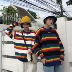 Hàn Quốc retro màu áo len cổ tròn cầu vồng sọc áo len Influx nam và nữ cặp vợ chồng ins lỏng ngọn