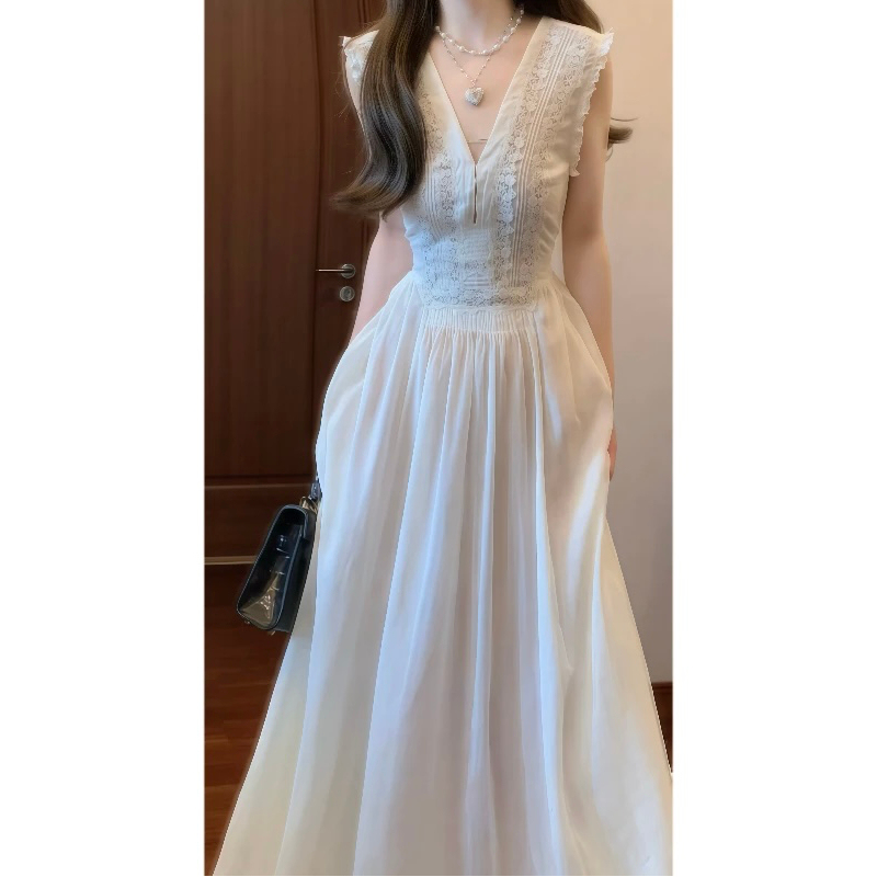 French-Style High-End 2026 Summer Embroidered Vintage V-Neck Dress, Super Popular, Age-Reducing, Unique White Fairy Dress, Long Dress French-Style High-End 2026 Summer Embroidered Vintage V-Neck Dress, Super Popular, Age-Reducing, Unique White Fairy Dress, Long Dress