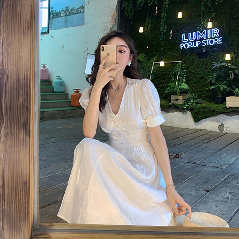 Fa-style first love Balloon Fairy Skirt Spring And Summer New Sens take a knee V collar to collect waist display slim temperament foreign dress
