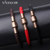 Braided cowhide rope bracelet men and women leather hand rope Joker string 3D hard gold transfer bead with red rope bracelet