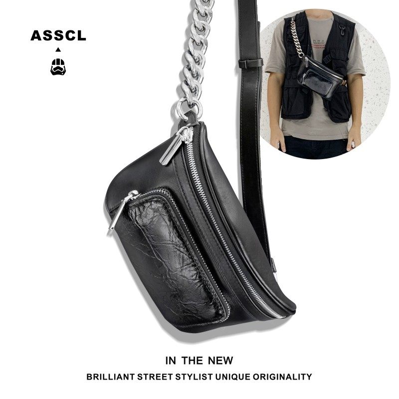 Trendy men's high-end chain Messenger bag cowhide ins personality motorcycle backpack street hip-hop chest bag niche pocket women