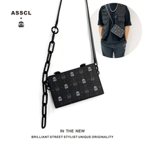 ASSCL Tide Men Chain Box Package Street Hip Hop in Small Backpack Personality Black Flower Single Shoulder Slipper Bag