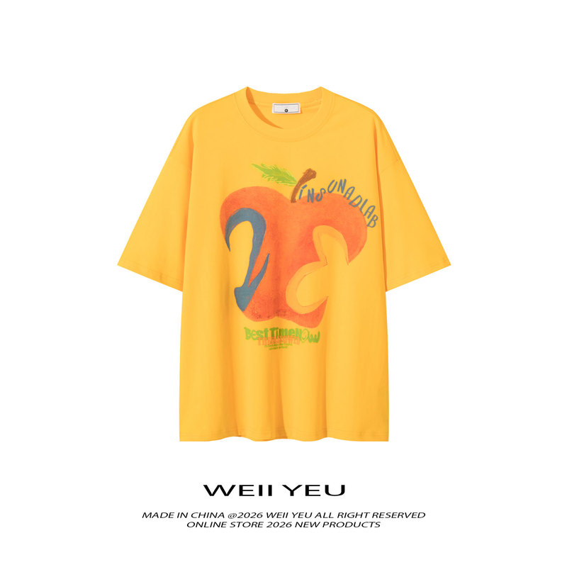 Weii Yeu American Retro Apple Print Short-Sleeve T-Shirt for Men and Women, Loose Design, Versatile Summer Top