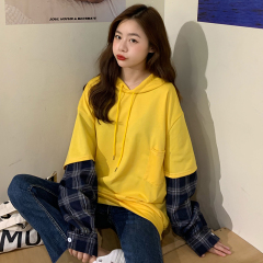 Two pieces of stitched shirt, plaid sweater, Hooded Coat, female