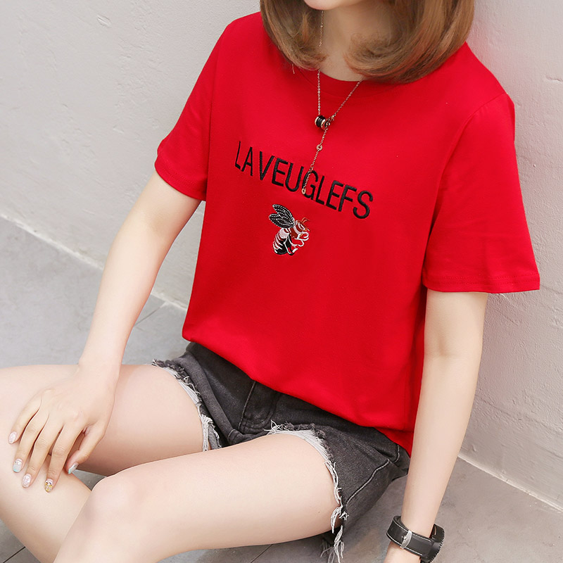 Real photo 2021 summer cotton embroidery letter round neck short sleeve T-shirt