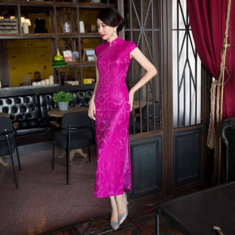 Ethnic Style Composite Lace Beaded Rose Red Long Dress for Mother-In-Law, Ladies' 2025 Summer Runway Etiquette Cheongsam