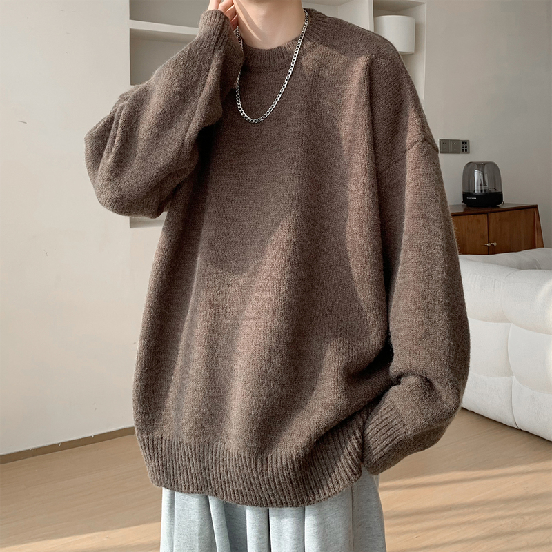 American-Style Lazy Round-Neck Sweater for Men, Autumn Trendy Vintage Couple Knitwear, Retro Solid Color Pullover