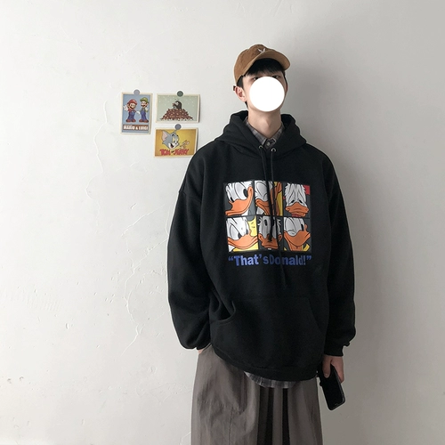 Свитшот с капюшоном, трендовые джинсы с начесом для отдыха, мультяшная утепленная куртка для школьников, в корейском стиле, оверсайз