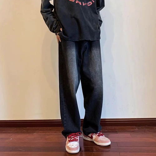 Черные джинсы, штаны, в американском стиле, оверсайз, свободный прямой крой