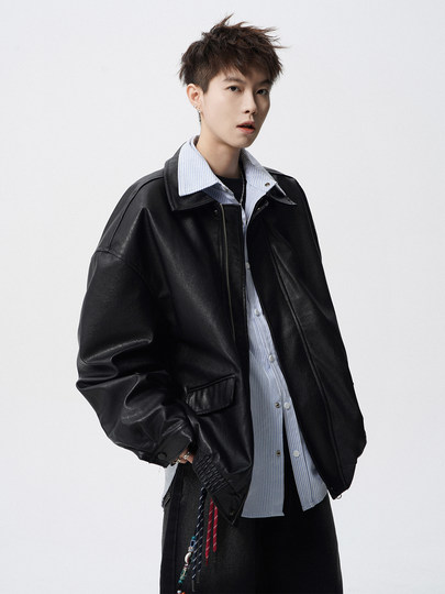 美式高街机车皮衣男冬季重磅复古翻领皮夹克cleanfit百搭情侣外套